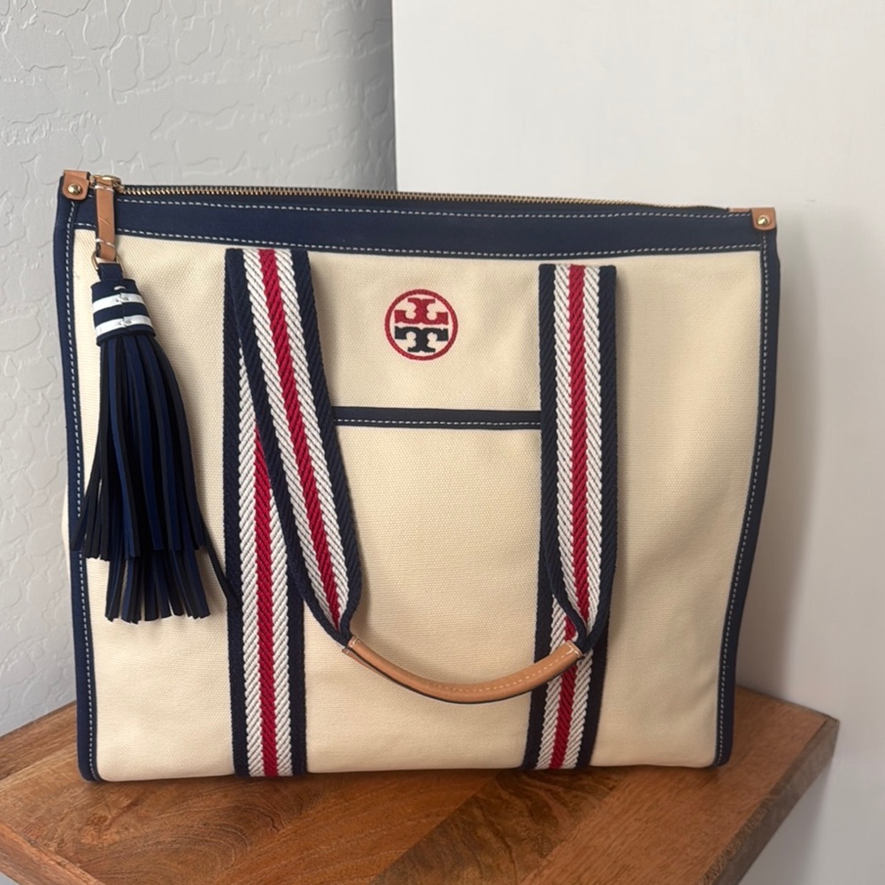 Tory Burch Navy and Cream Striped Tote
